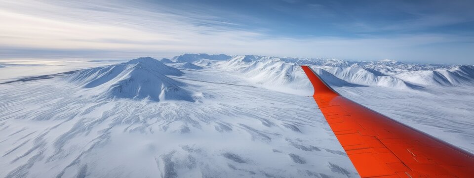 Orange airplane wing flying over snowy arctic mountains