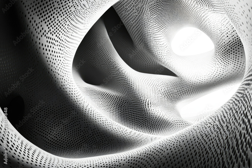 Poster Abstract grayscale image of a perforated, undulating surface creating a tunnel-like structure.