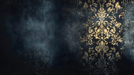Obraz premium Black background texture with gold print Victorian pattern, vintage aged black paper.