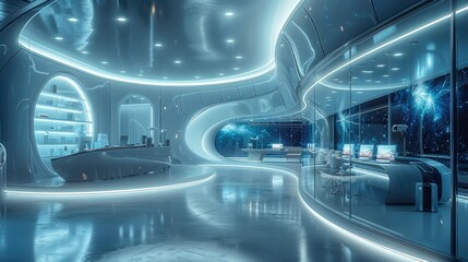 Futuristic interior design of a modern space station or laboratory with glowing blue lights and curved walls.