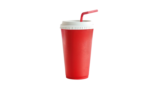 Red soft drink cup with straw on transparent background