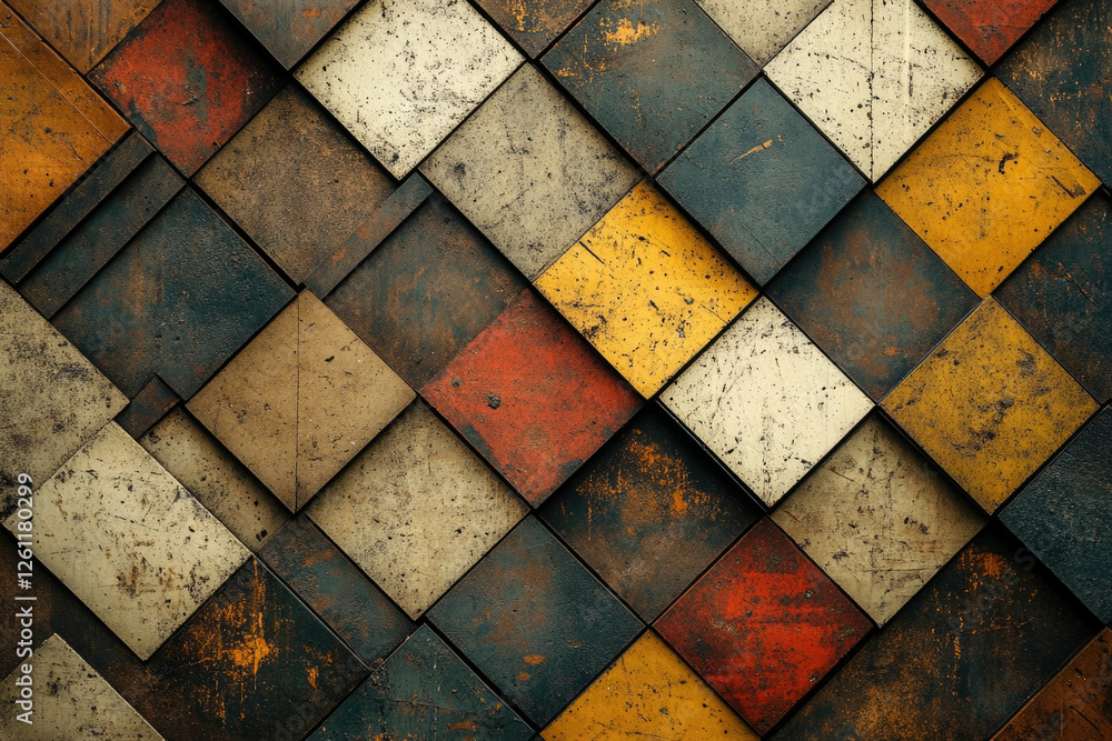 Poster geometric pattern of rusty, colored metal squares arranged in a diamond design.