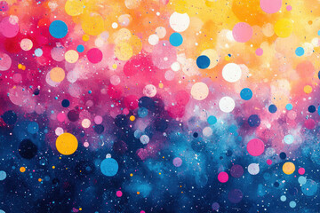 Abstract art featuring vibrant, colorful circles and dots on a textured background, resembling a...