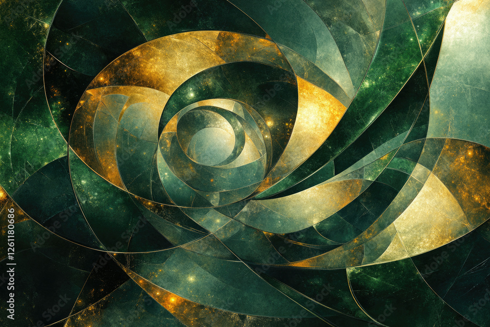 Aufkleber abstract swirling galaxy-like artwork in emerald and gold hues, showcasing geometric patterns and te