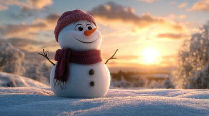 Fototapeta premium Happy snowman sunset winter landscape greeting card