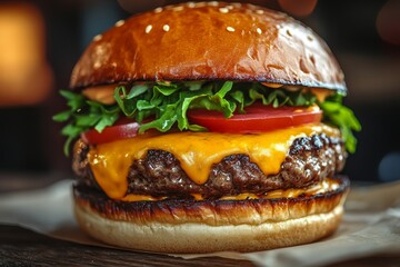 Juicy Cheeseburger on Wooden Board