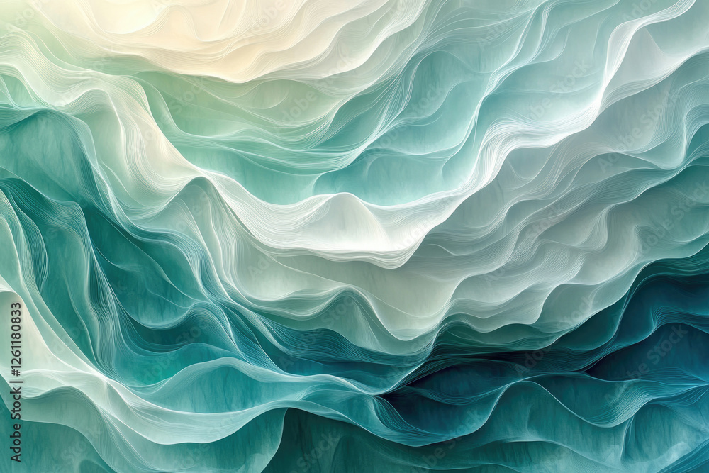 Poster Abstract teal and white waves flowing seamlessly, creating a calming and serene visual landscape.