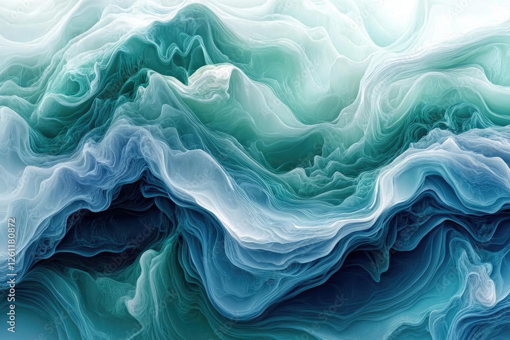 Aufkleber Abstract teal and white waves flowing creating a mesmerizing pattern. Digital art.