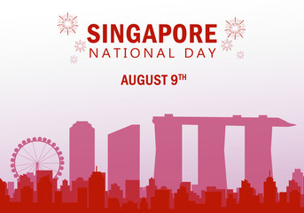 Singapore National Day August 9th 2025 greeting card background. Singapore skyline design with gradient background.