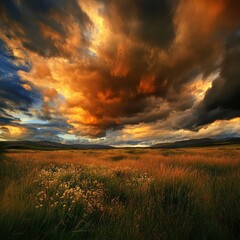 Fototapeta premium Grassland Under Dramatic Sky
