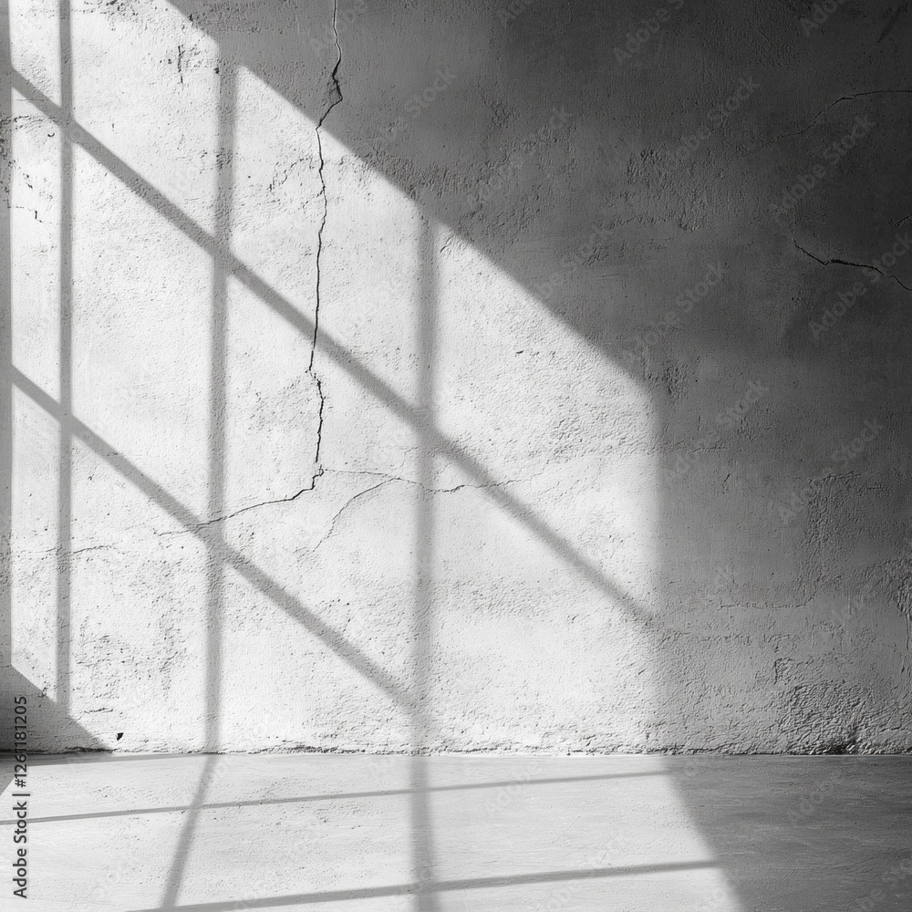 Poster Sunlight filters through a grid of windows, casting intricate shadows on the rough surface of a cement wall