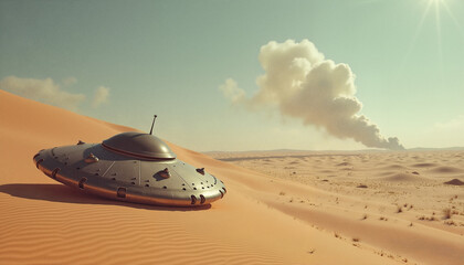 Flying Saucer Half-Buried in Sandy Desert Landscape