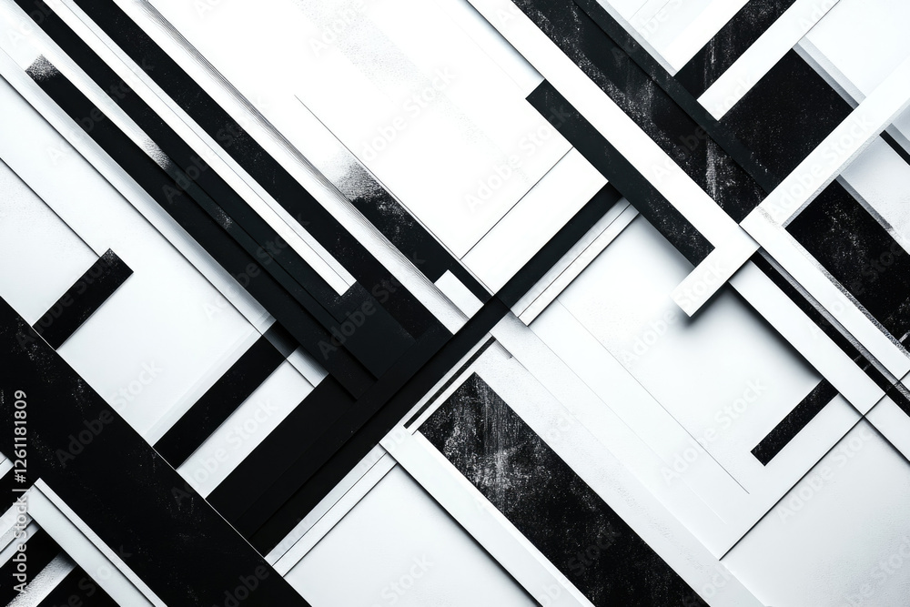 Poster abstract monochrome artwork featuring intersecting black and white stripes with a textured grunge ef