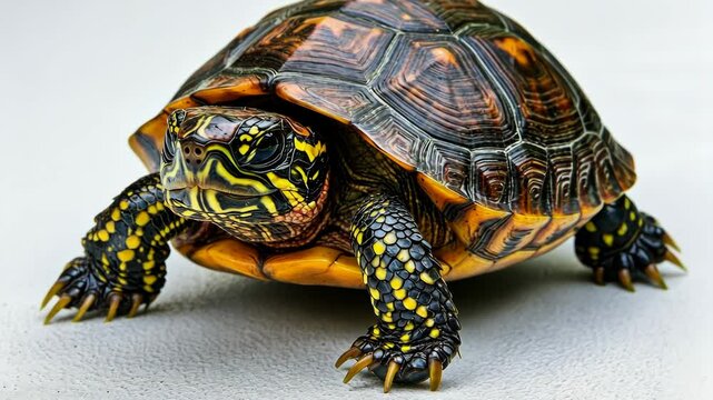 Colorful turtle on a light surface showcasing intricate shell patterns and vibrant colors