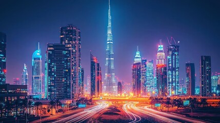 Fototapeta premium Dubai Skyline Night View Illuminated Towers Cityscape
