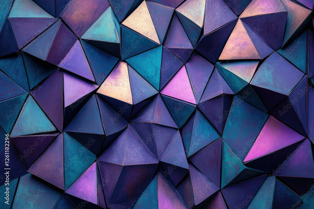 Poster abstract iridescent geometric pattern of metallic triangular shapes in deep purple, teal, and pink h