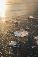 Frozen surface of a reservoir in winter. Ice.