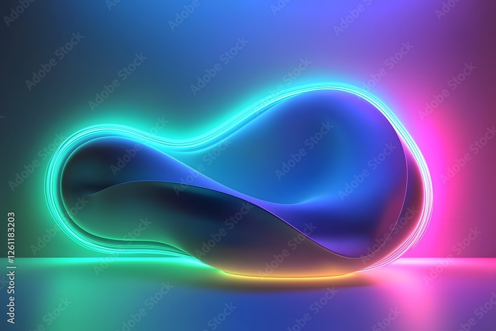 Poster modern sculpture with glowing edges displayed in a darkened gallery setting. generative ai.