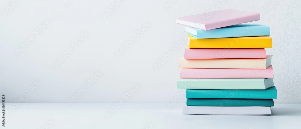 Poster colorful stacked notebooks on minimalist table background
