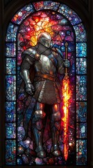 Fototapeta premium Stained glass depiction of a knight in shining armor holding a flaming sword, set against a cosmic background of galaxies and nebulae.