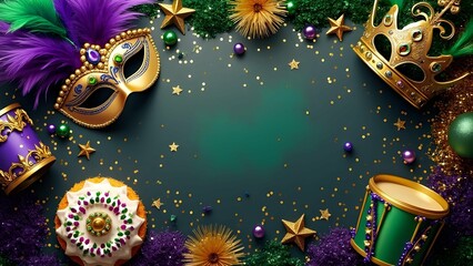 A festive Mardi Gras flat lay with masks, crowns, bows, drums, and confetti on a dark purple background with copy space.