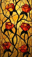 Stained glass panel featuring stylized rose blooms and branches in shades of red, orange, and black against a warm yellow background.