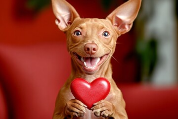 Cute pharaoh hound with diamond red heart - emblem of love, funny greeting card. Marketing creative. Pharaoh hound - my desired dog. February love animal photography. Dogs and love.