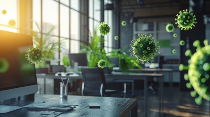 Virus particles invade a modern office space, highlighting health concerns and safety measures in a post-pandemic workplace.
