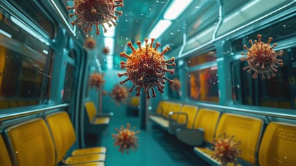 Microscopic Invaders: Virus outbreak on public transportation spreading infection, posing risks, creating health crisis, and causing viral threat.