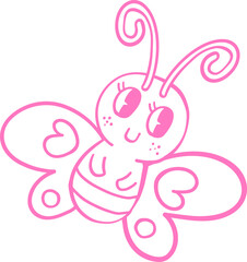 Adorable pink line art of a smiling butterfly with curly antennae and heart-shaped wing details. A whimsical and playful illustration perfect for kids' designs and decorations Outline