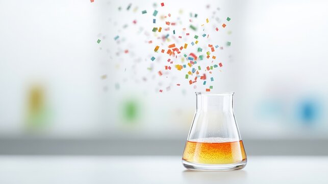 Colorful Confetti Explosion in a Laboratory Flask with Brown Liquid
