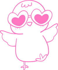 Adorable pink line art of a cheerful chick wearing heart-shaped sunglasses. A fun and playful illustration perfect for love, summer, and cute-themed designs Outline