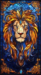 A majestic lion portrait crafted in a stained-glass style, showcasing a blend of blue, orange, and gold hues in an ornate symmetrical design.