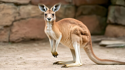A beautiful kangaroo stands alert, showcasing its powerful legs, distinctive ears, and graceful posture. Its fur is a rich, reddish-brown.