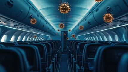 Fototapeta premium Empty airplane interior with airborne viruses raises concerns about travel health and safety protocols during pandemic era.