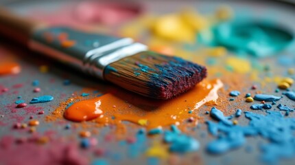 Obraz premium A close-up view of a paintbrush with vibrant bristles, resting on a palette filled with colorful paints