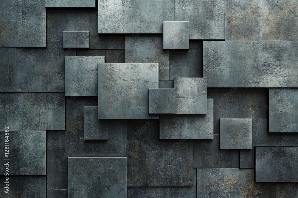 Poster Abstract background of overlapping dark gray textured squares creating a 3D geometric pattern.