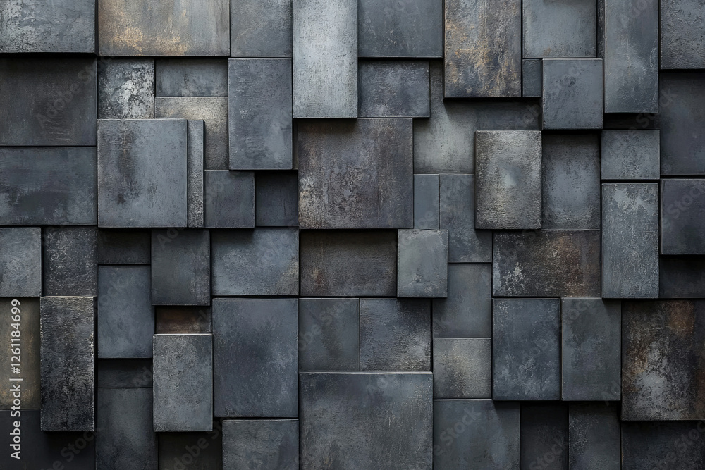Poster abstract dark grey textured wall of various sized squares.