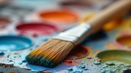 Fototapeta premium A close-up view of a paintbrush with vibrant bristles, resting on a palette filled with colorful paints