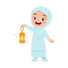 little muslim kid holding traditional lamp