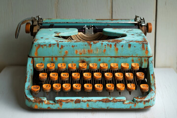 Rustic teal typewriter with orange keys, showing signs of age and wear.