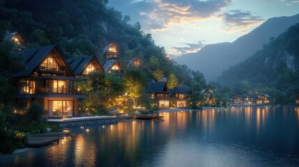 Fototapeta premium Lakeside mountain village at twilight