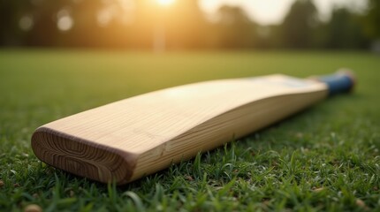 An elegant cricket bat positioned on a cricket pitch, highlighting its craftsmanship and the spirit of the game, ideal for sports enthusiasts and cricket lovers.