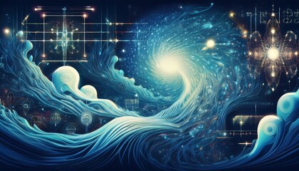 A swirling galaxy or endless ocean of data streams and mathematical equations, symbolizing female energy and empowerment