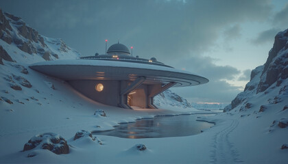 Futuristic Saucer Building in Snow-Covered Mountain Range