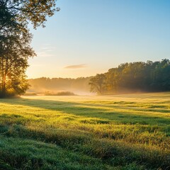 Obraz premium Panoramic Grassland View At Sunrise