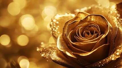 Golden rose, glistening dew, bokeh background, luxury celebration