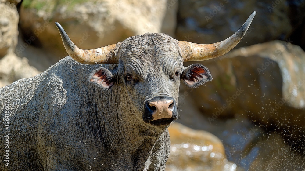 Canvas Prints A bull with large horns standing in a stream of water