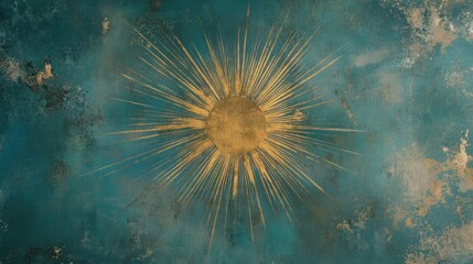 Fototapeta premium Golden sun art, teal textured background, design element
