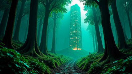 A glowing skyscraper blends seamlessly with the surrounding trees in an eerie harmony.